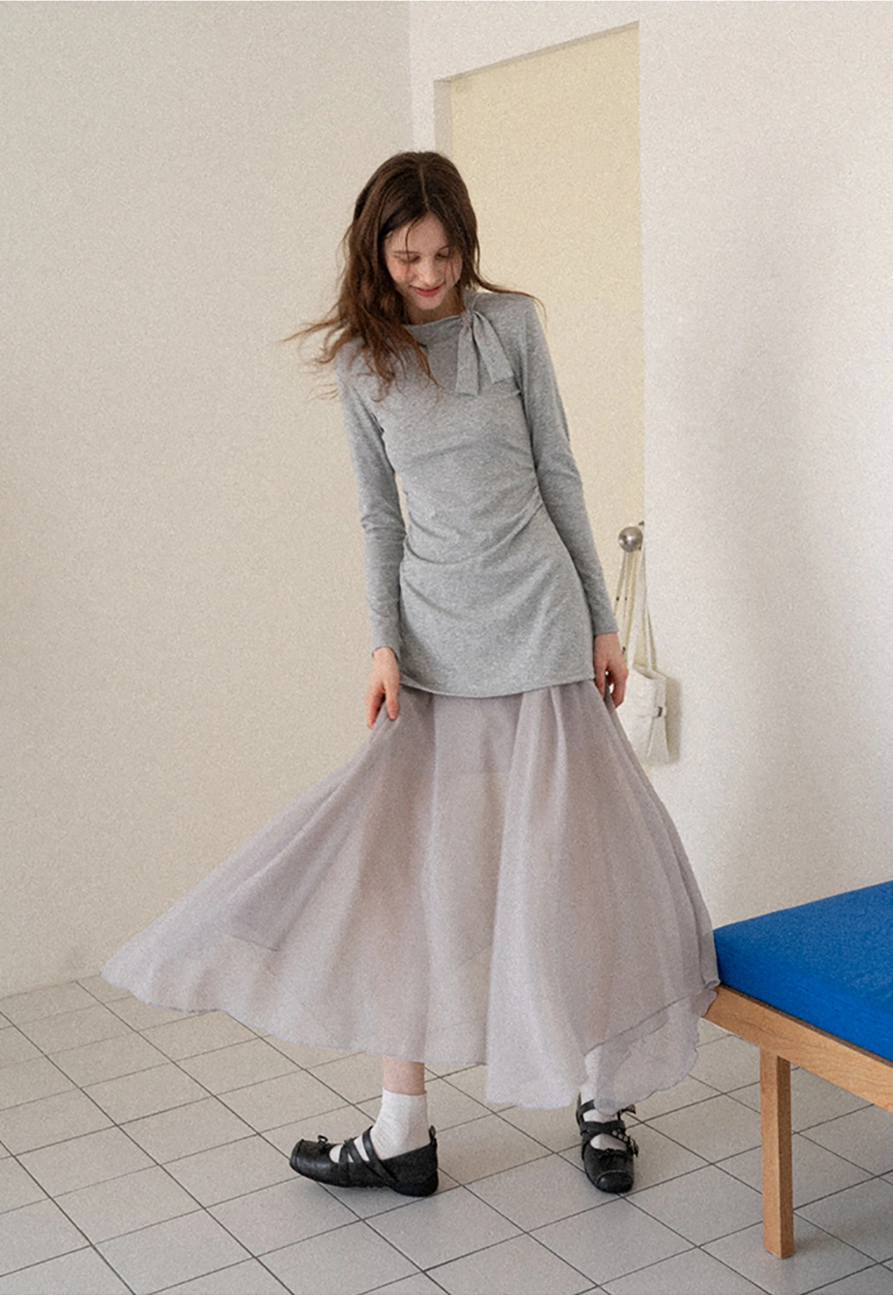 Tie Neck Long Sleeve Top and Asymmetrical Chiffon Skirt Set