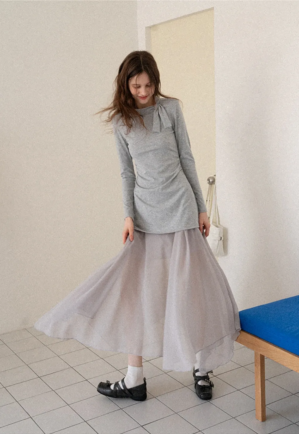 Tie Neck Long Sleeve Top and Asymmetrical Chiffon Skirt Set