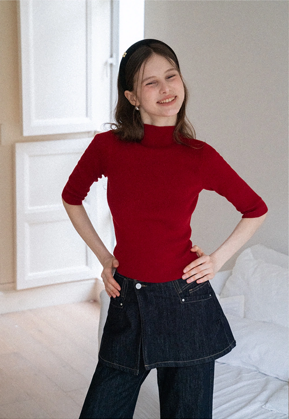 Women's Half Sleeve Mock Neck Knit Top