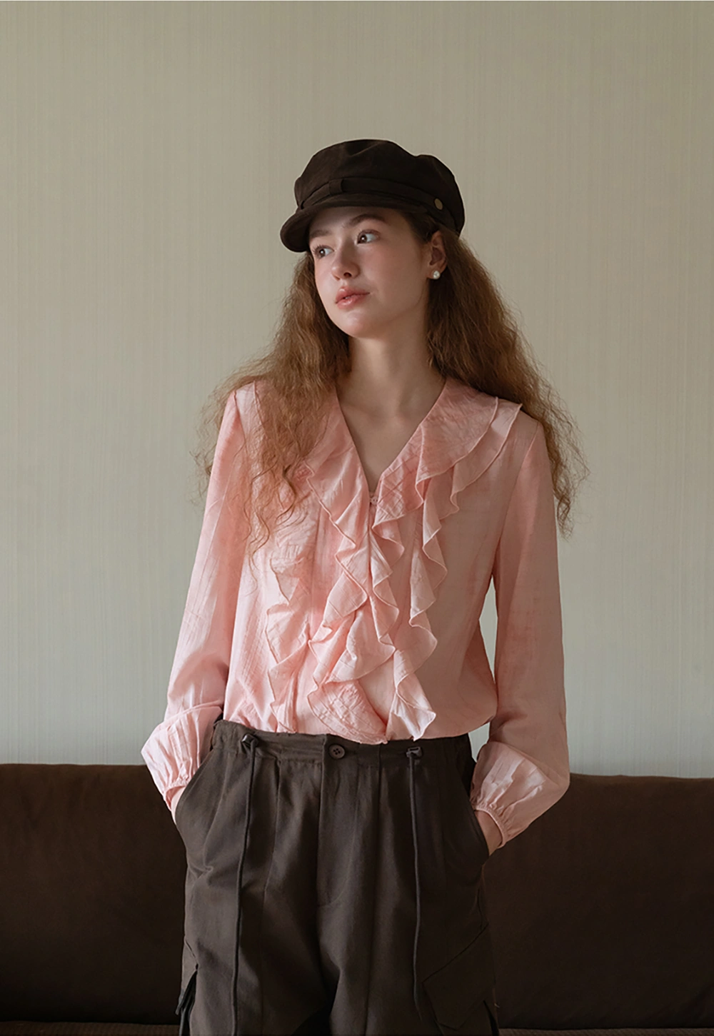 Womens Ruffle Chiffon Long Sleeve Blouse