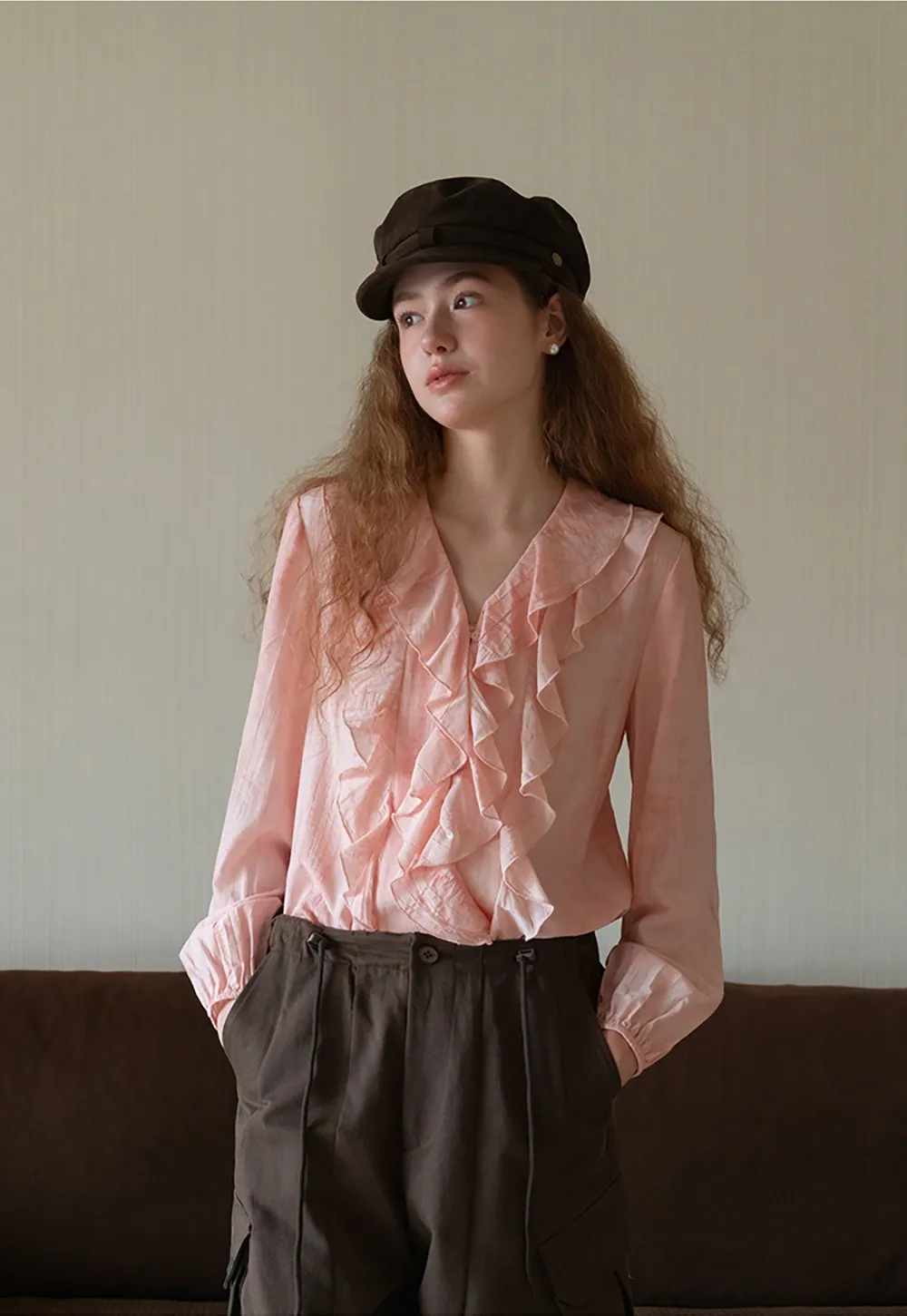 Womens Ruffle Chiffon Long Sleeve Blouse