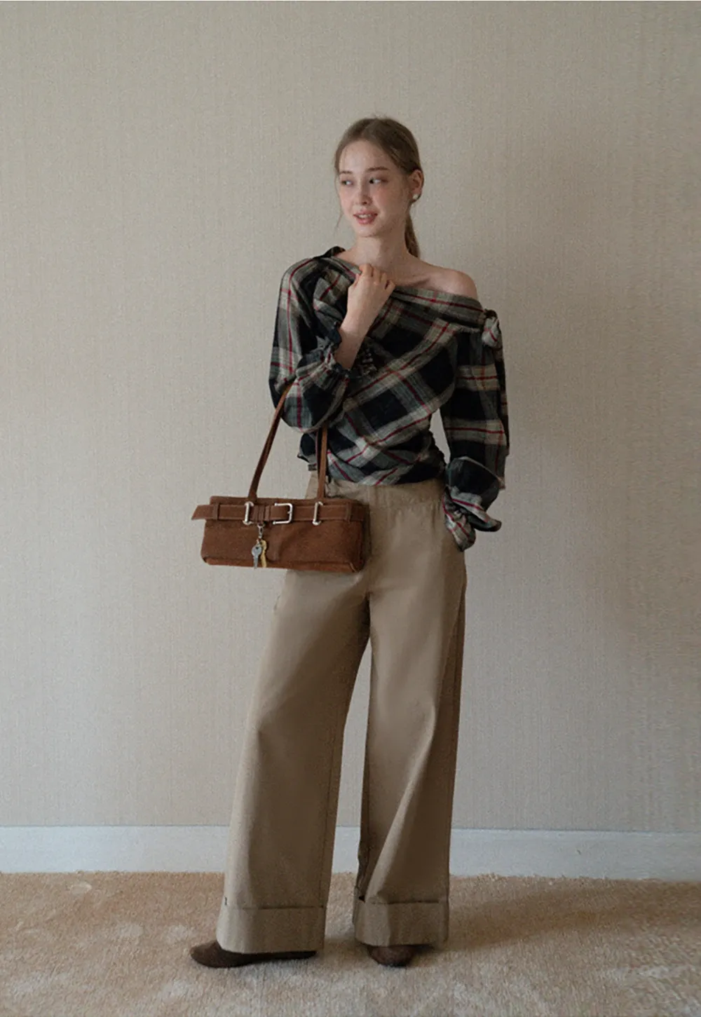 Womens Plaid Off Shoulder Tie Blouse