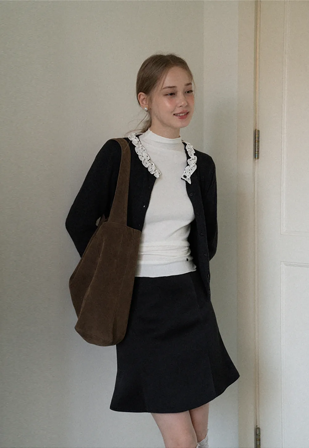 Ruffle Trim Button Down Knit Cardigan