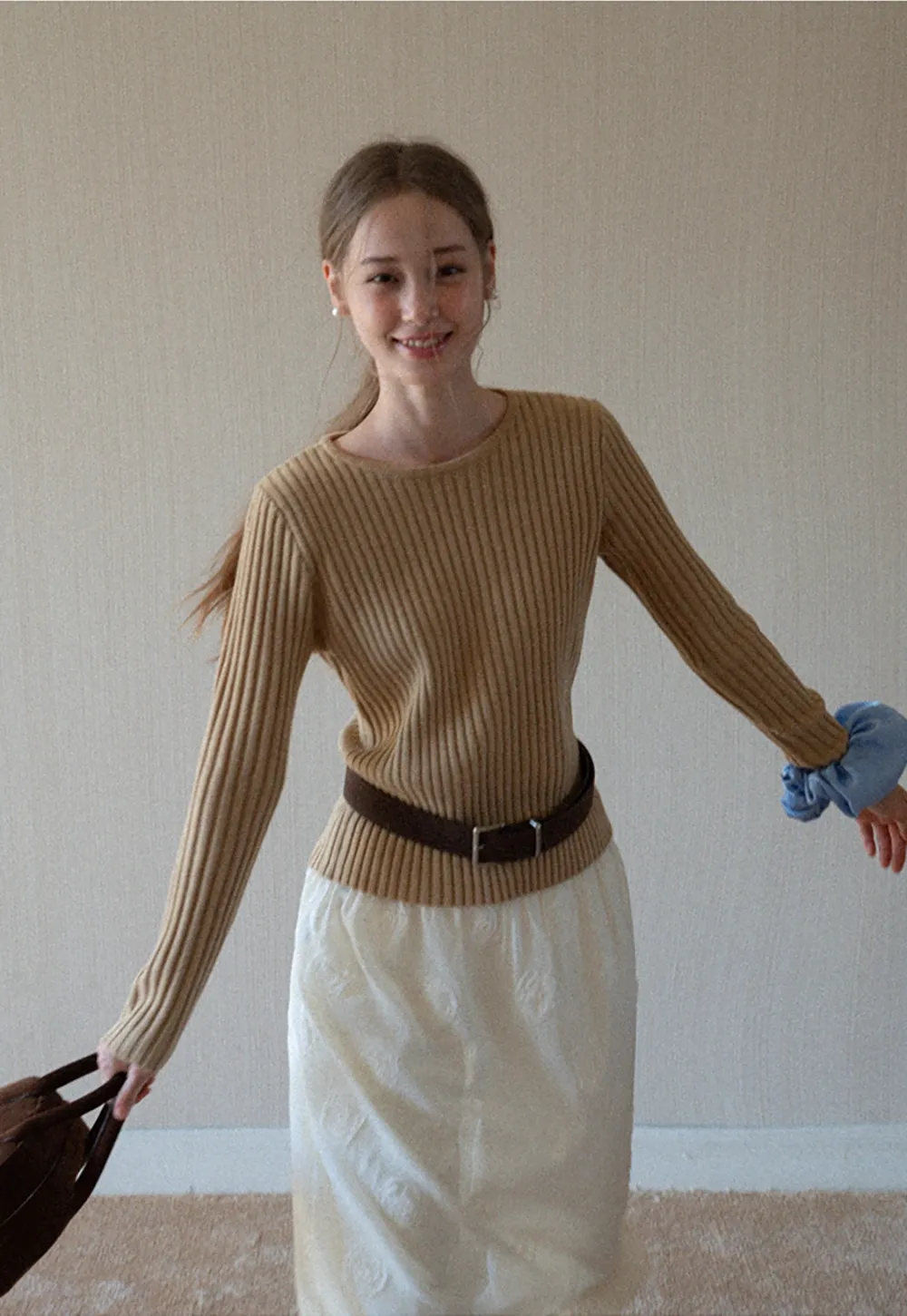 Womens Ribbed Crew Neck Long Sleeve Knit Top