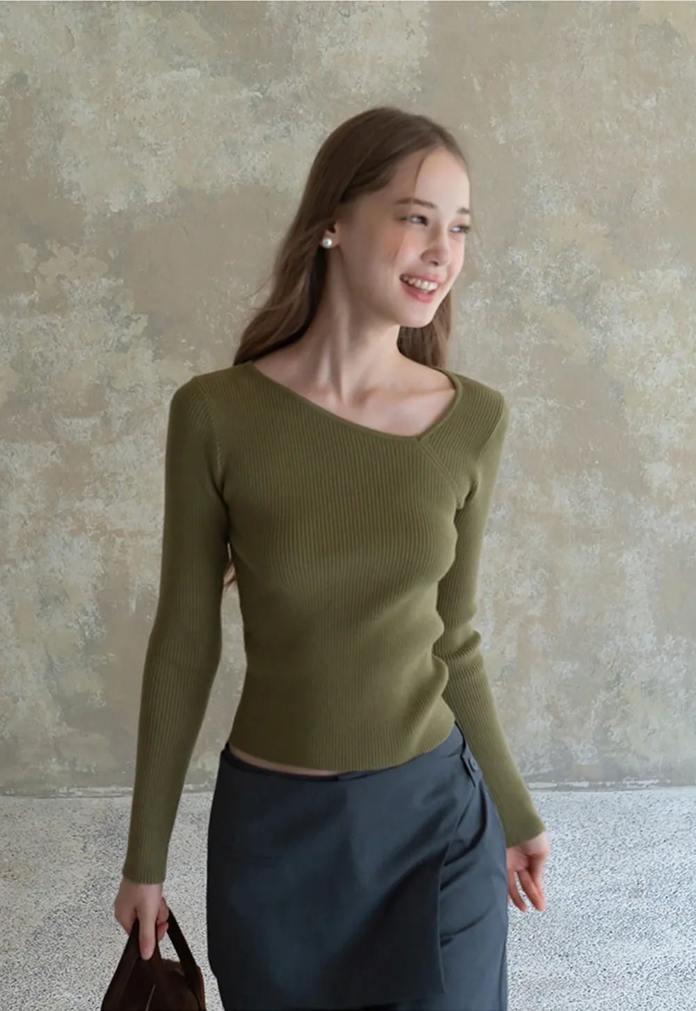 Womens Asymmetric Neck Ribbed Knit Long Sleeve Top