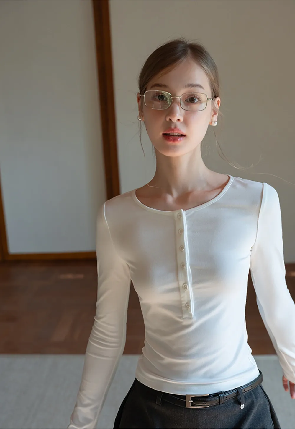 Womens Button Front Long Sleeve Henley Top