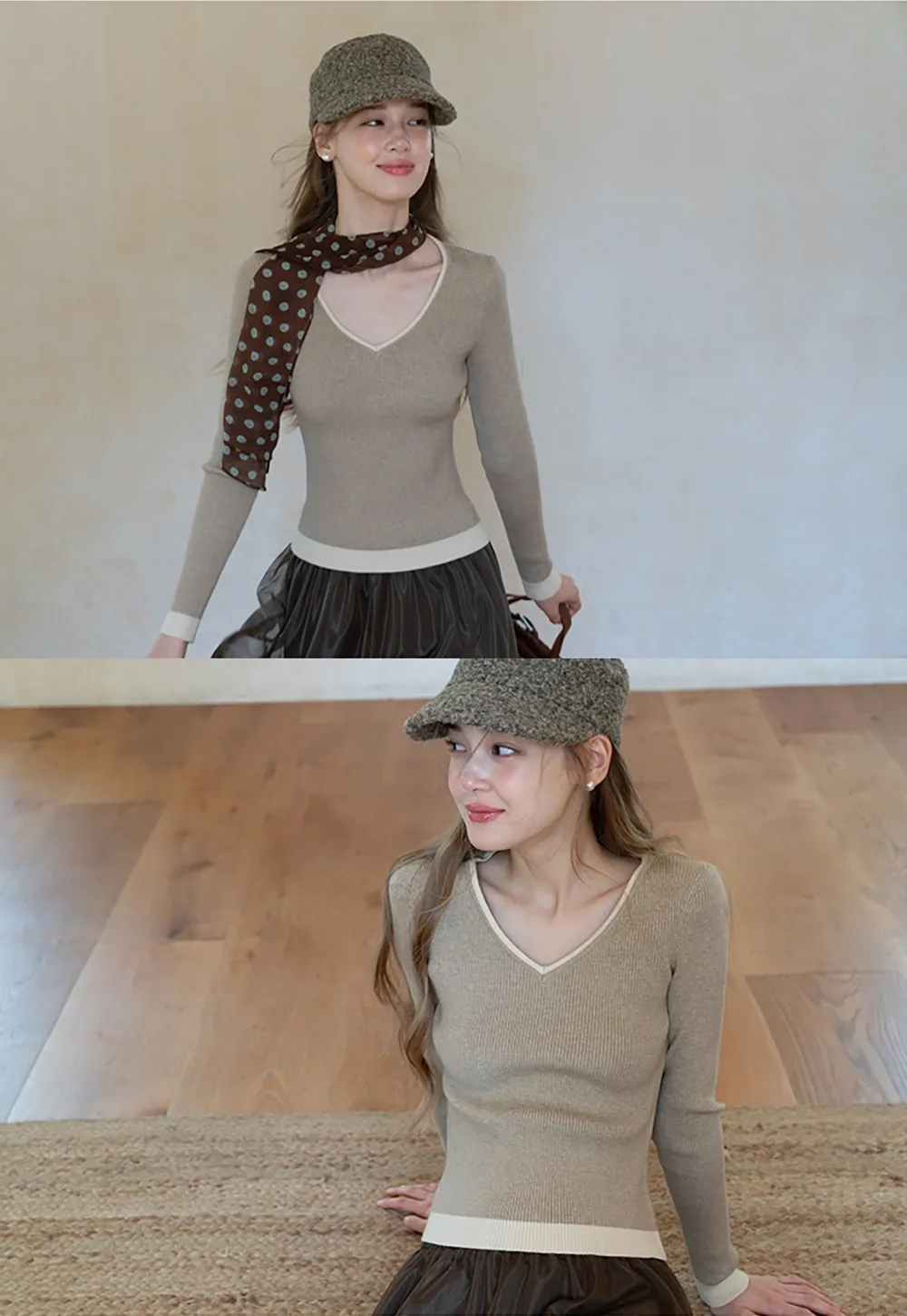 Womens V Neck Contrast Trim Knit Long Sleeve Top