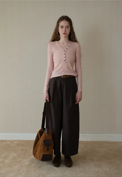 Ribbed Knit V-Neck Top with Slanted Button Detail