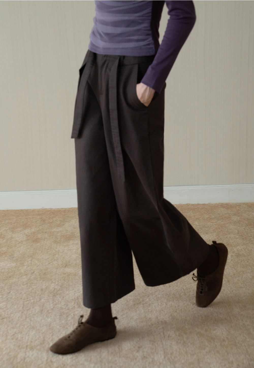 Womens High-Waist Wide-Leg Pants with Belt Detail
