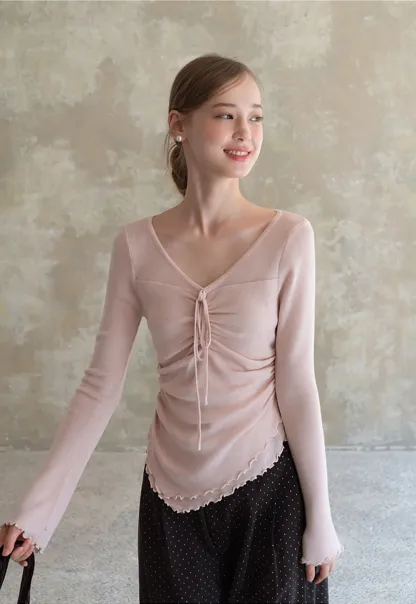 Ruched V Neck Long Sleeve Top