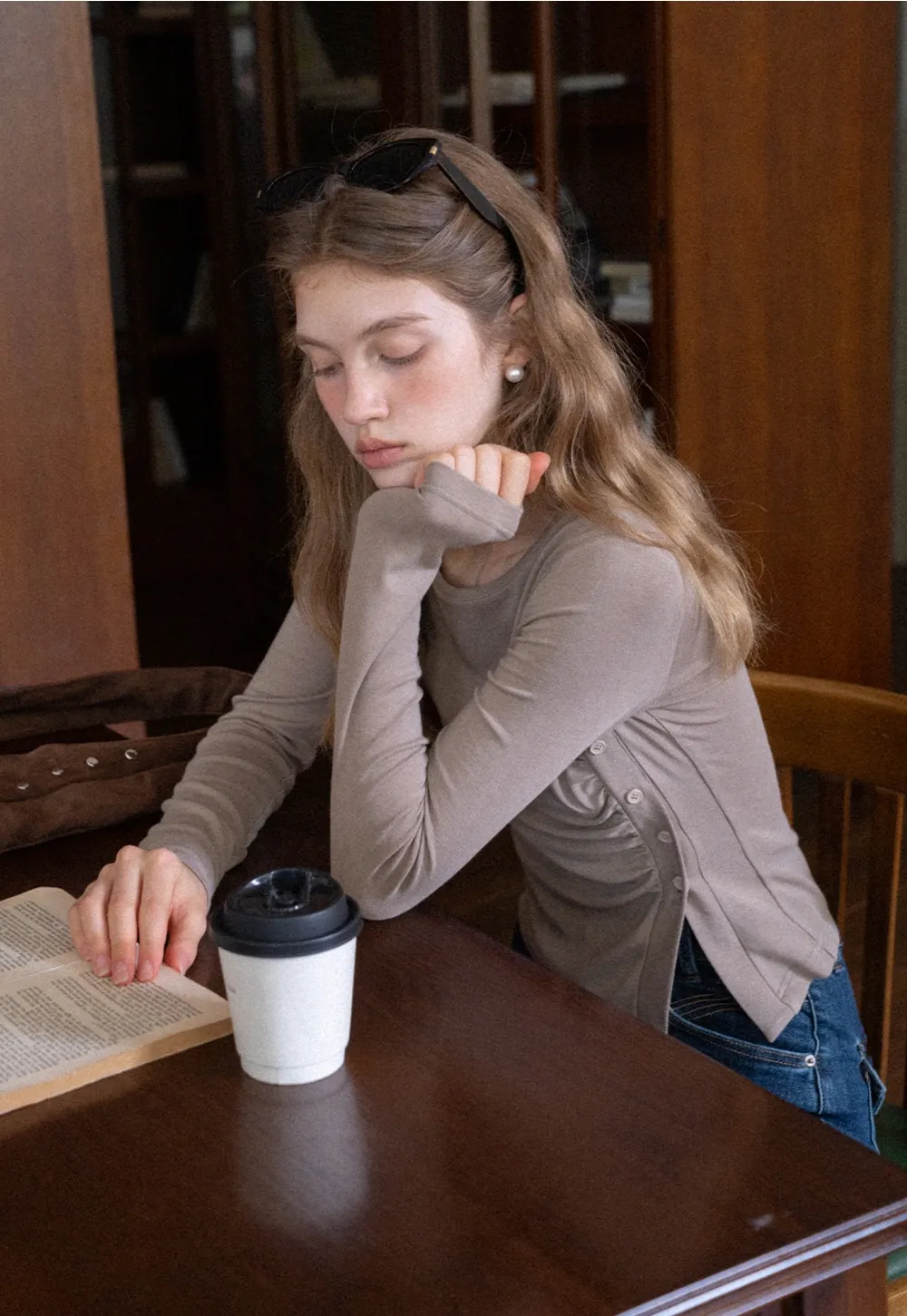 Crew Neck Long Sleeve Button Accent Top