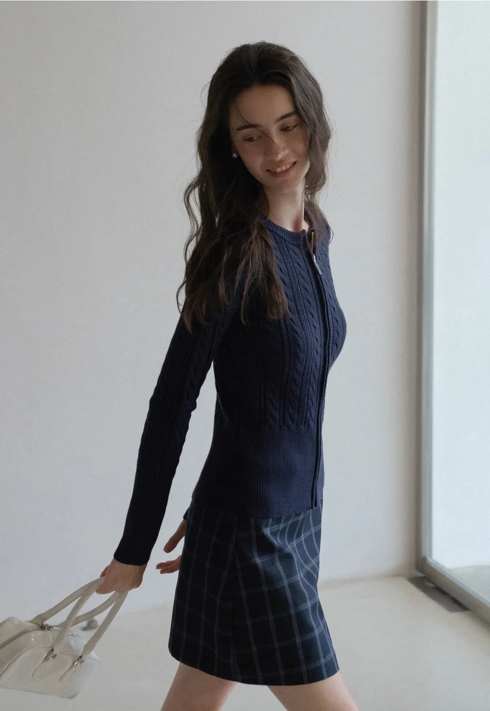 Casual Long Sleeve Cable Knit Top with Zipper