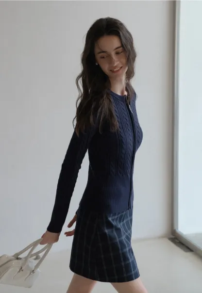 Casual Long Sleeve Cable Knit Top with Zipper