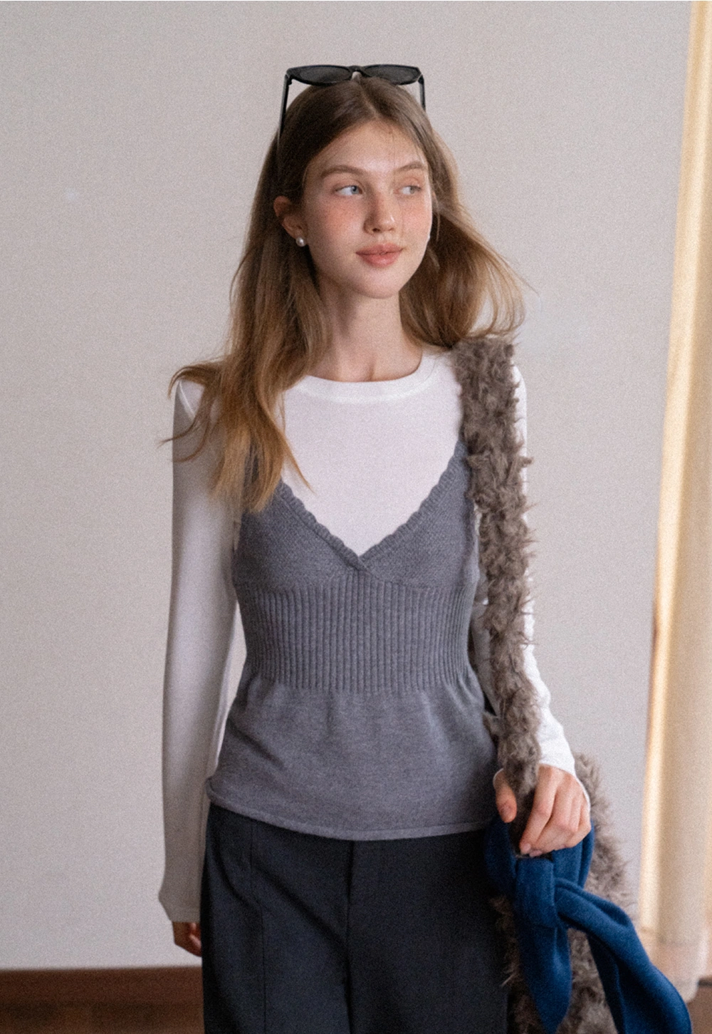 Womens 2 Piece Set Knit Cami Top with Long Sleeve Tee