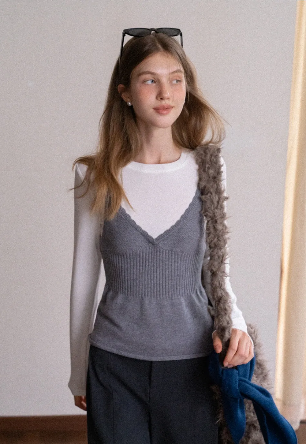 Womens 2 Piece Set Knit Cami Top with Long Sleeve Tee