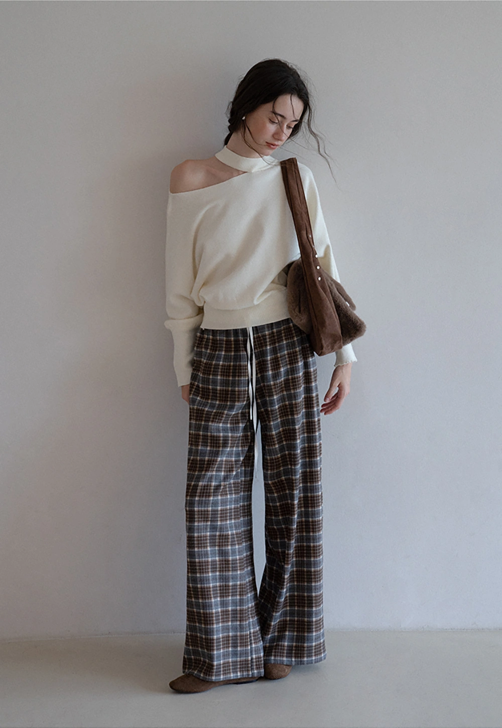 Womens Plaid Wide Leg Drawstring Pants