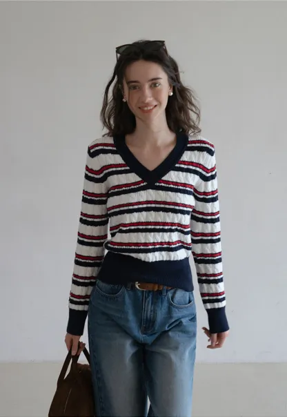Women’s V-Neck Striped Knit Sweater