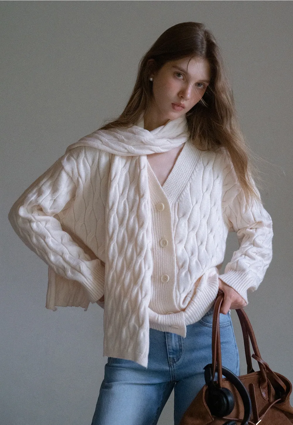 Womens Cable Knit Cardigan Sweater with Matching Scarf