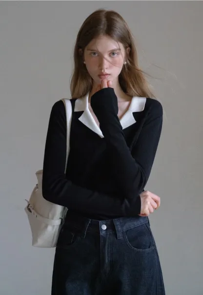 Elegant V-Neck Knit Top with Contrast Lapel Collar