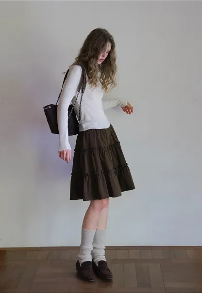 Casual Flared Midi Skirt with Layered Ruffle Detail