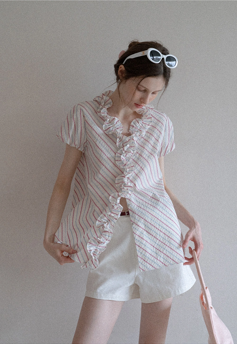 Women’s Ruffle Trim Striped Short Sleeve Blouse