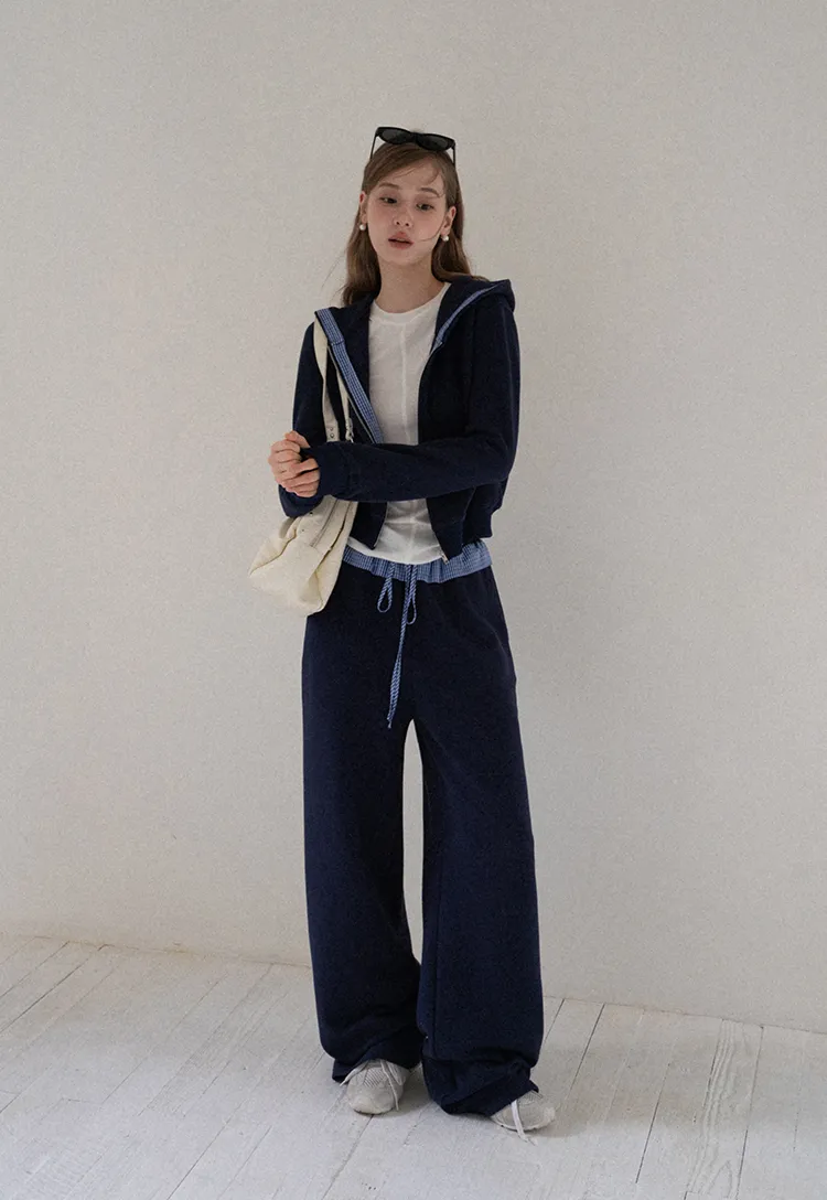 Navy Casual Hoodie and Wide Leg Pants Set