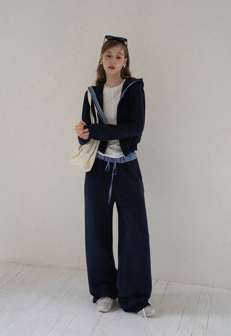 Navy Casual Hoodie and Wide Leg Pants Set