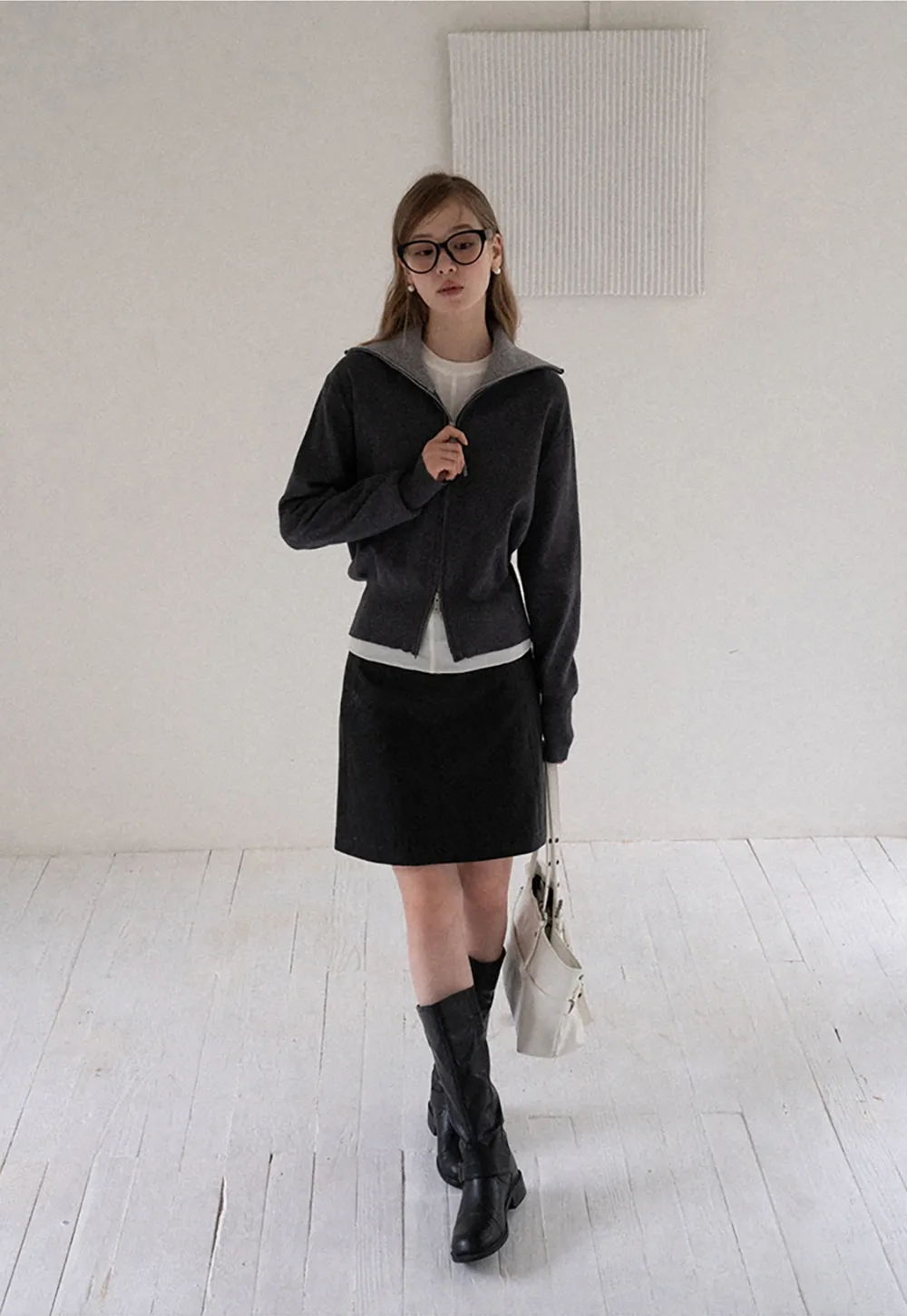 Women’s Zip-Up Knit Cardigan with High Collar