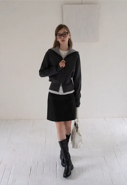 Women’s Zip-Up Knit Cardigan with High Collar