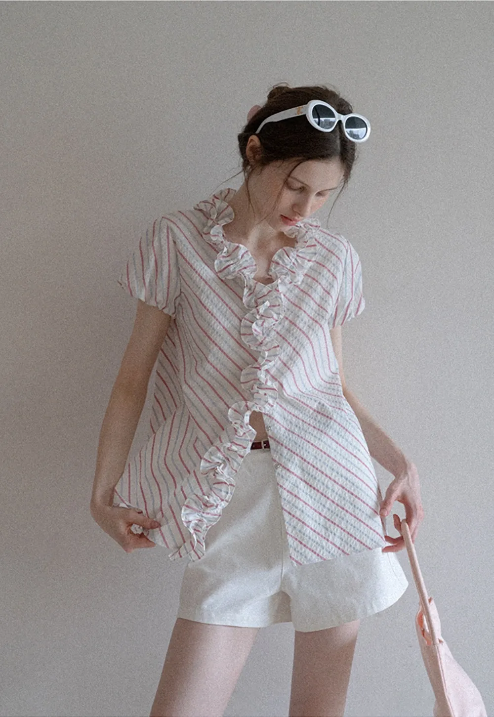 Women’s Ruffle Trim Striped Short Sleeve Blouse