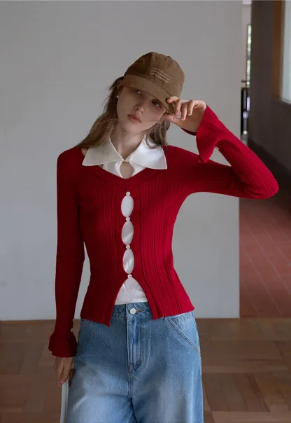 Womens Contrast Collar Cutout Knit Cardigan