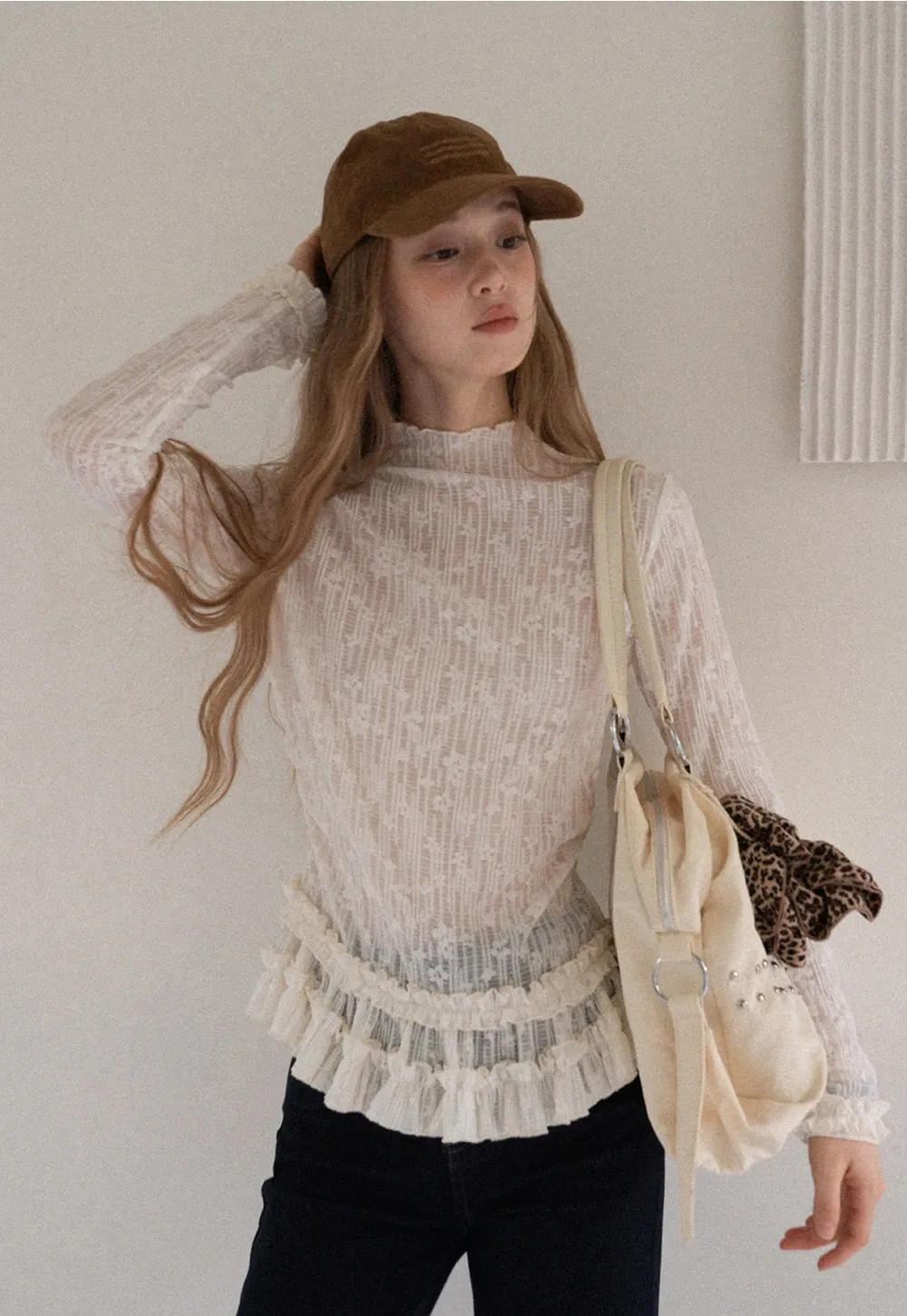 Women High Neck Long Sleeve Lace Top with Layered Ruffle Hem