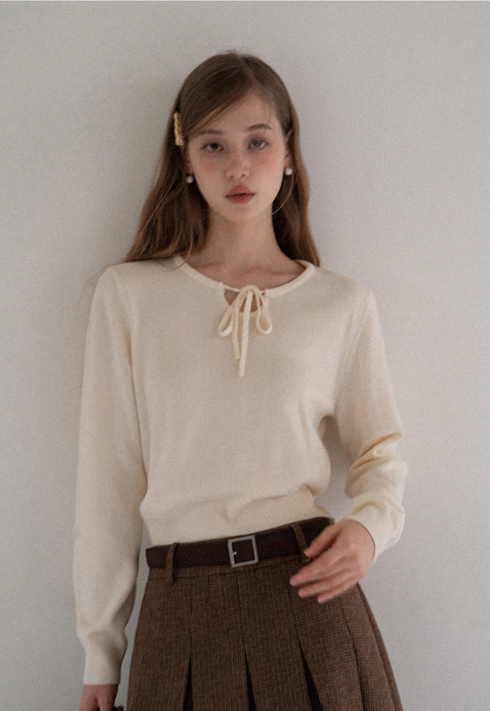 Women Sweet Style Bow Tie Long Sleeve Knitwear