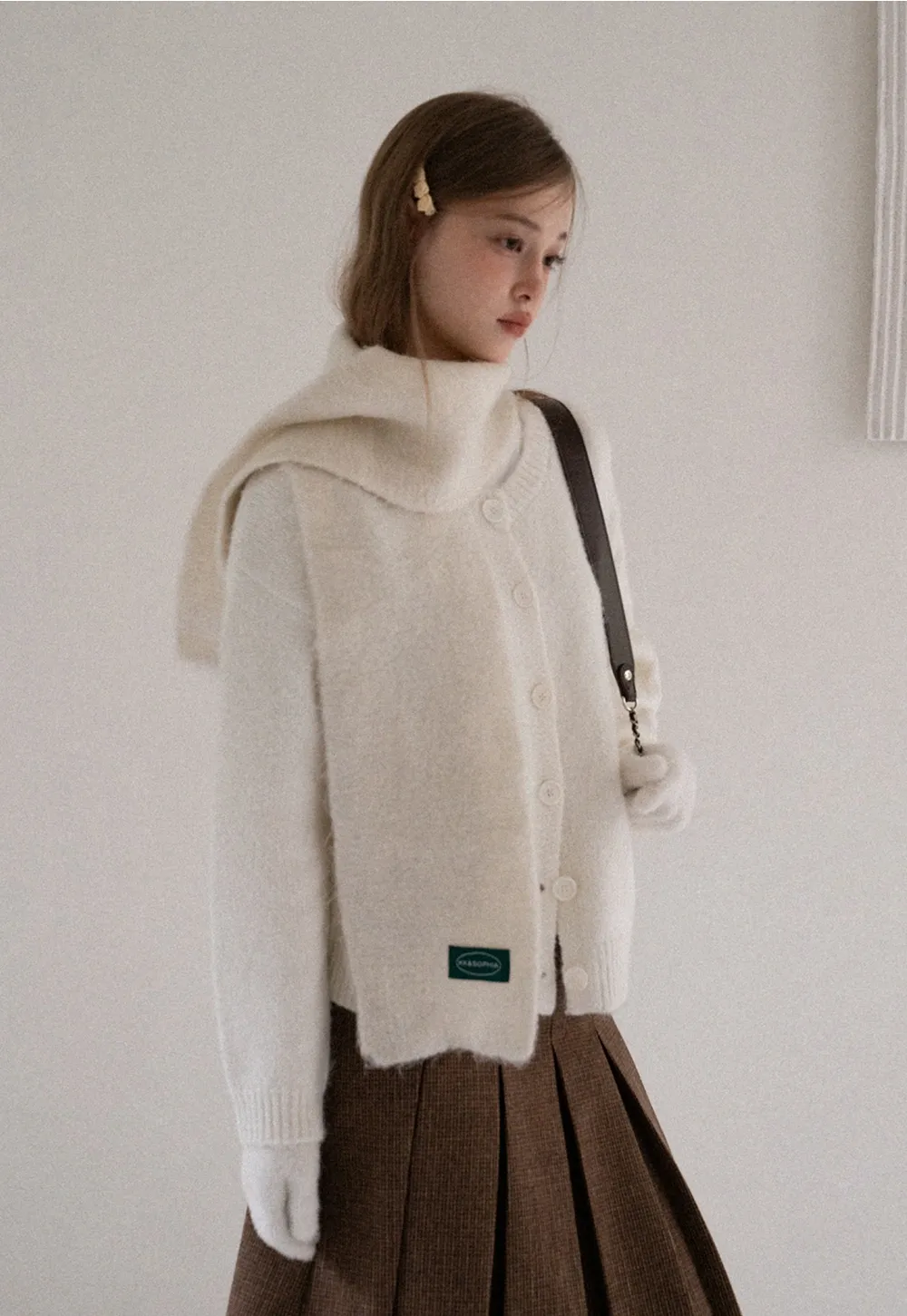 Women Basic Cream Knit Cardigan Casual Warm Sweater