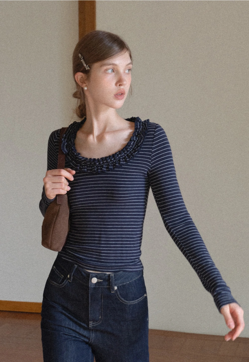 Women Striped Long Sleeve Tee with Ruffled Neckline