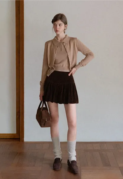 Women Velvet Bubble Hem Mini Skirt High Waist