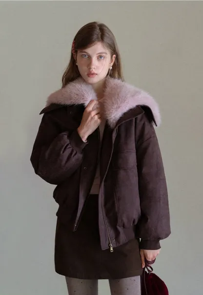 Women Fuzzy Collar Suede Jacket Warm Outerwear