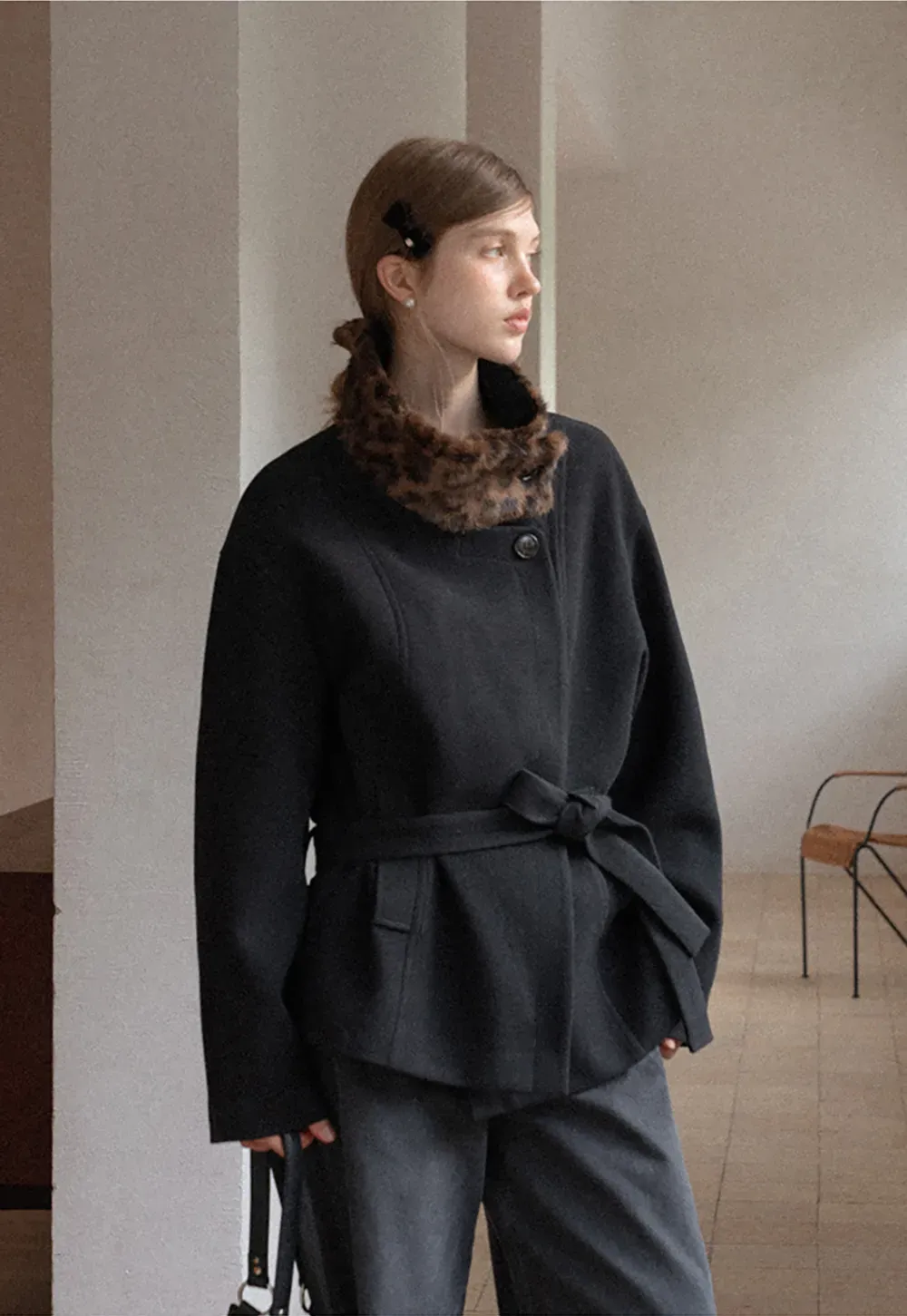 Faux Fur Trim Belted Wool Coat