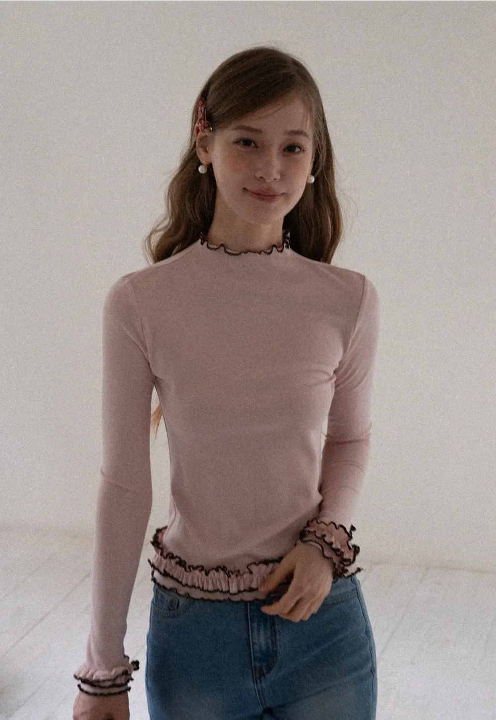 Ruffle Trim Mock Neck Long Sleeve Top