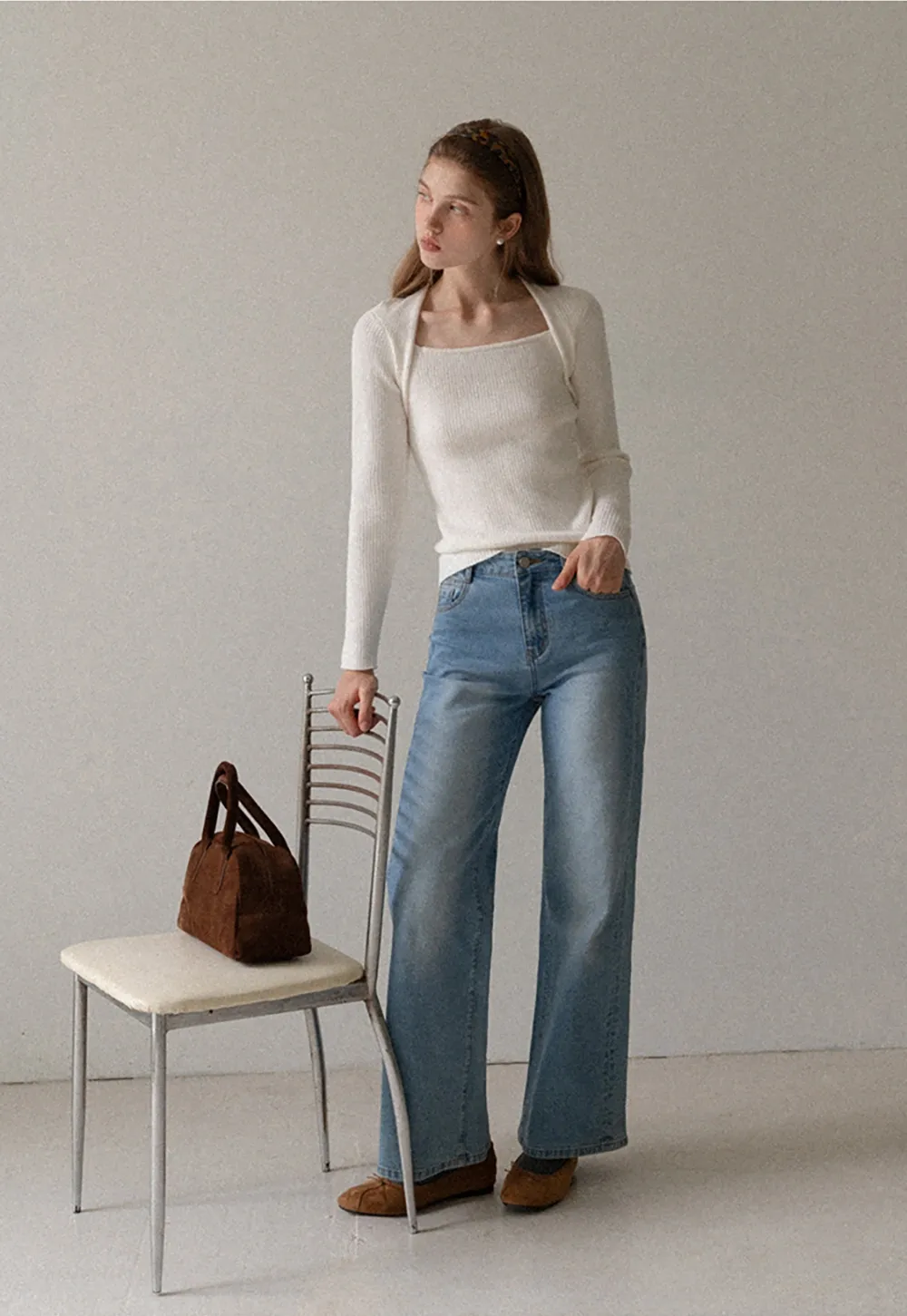 Women Square Neck Ribbed Knit Shrug Top