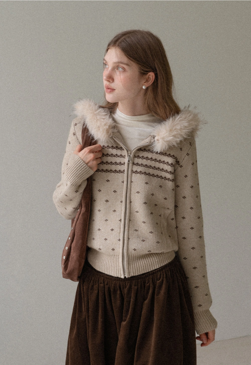 Vintage Knit Hooded Cardigan Women Faux Fur Coat