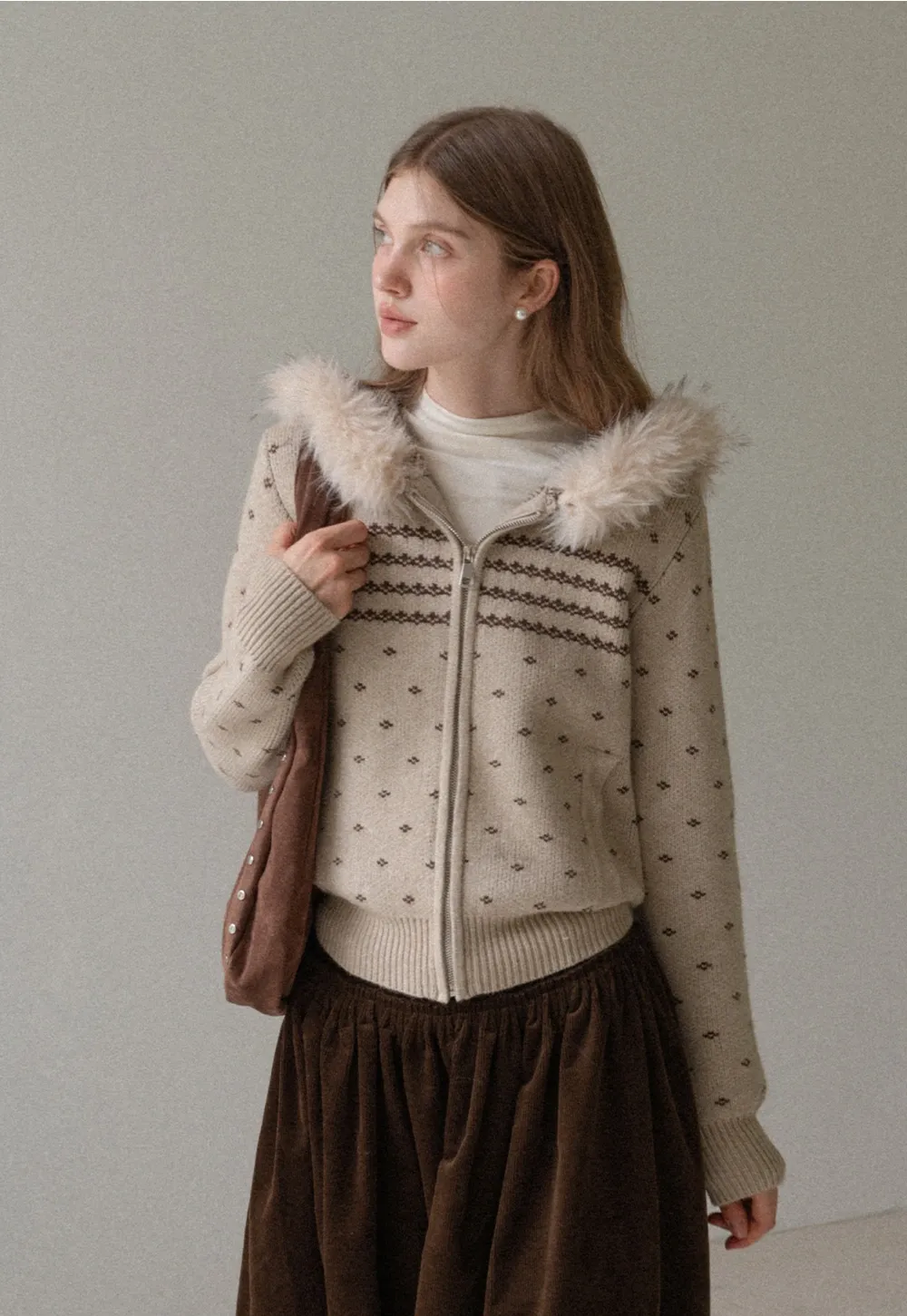 Vintage Knit Hooded Cardigan Women Faux Fur Coat