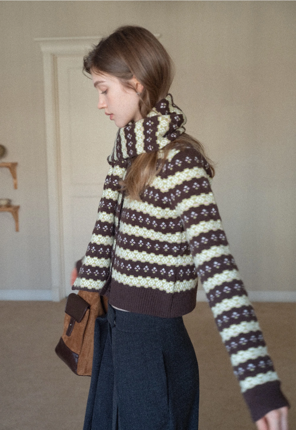 Women Warm Knit Cardigan Set Vintage Striped Style