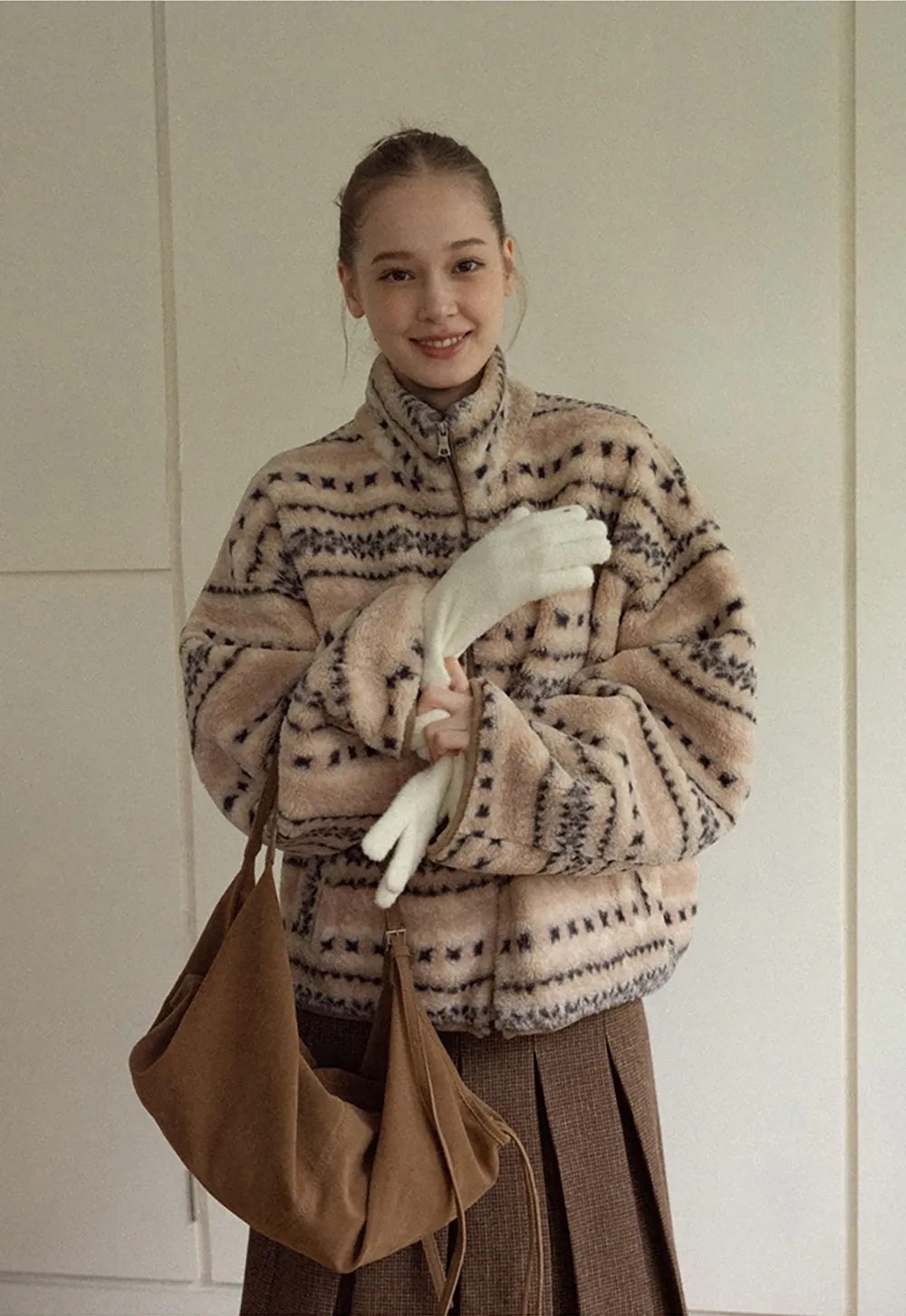 Women Vintage Fleece Jacket Striped Warm Outerwear