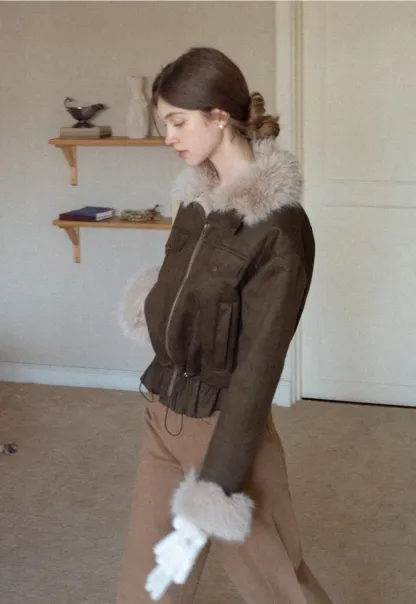 Women Faux Suede Fur Trim Short Winter Jacket