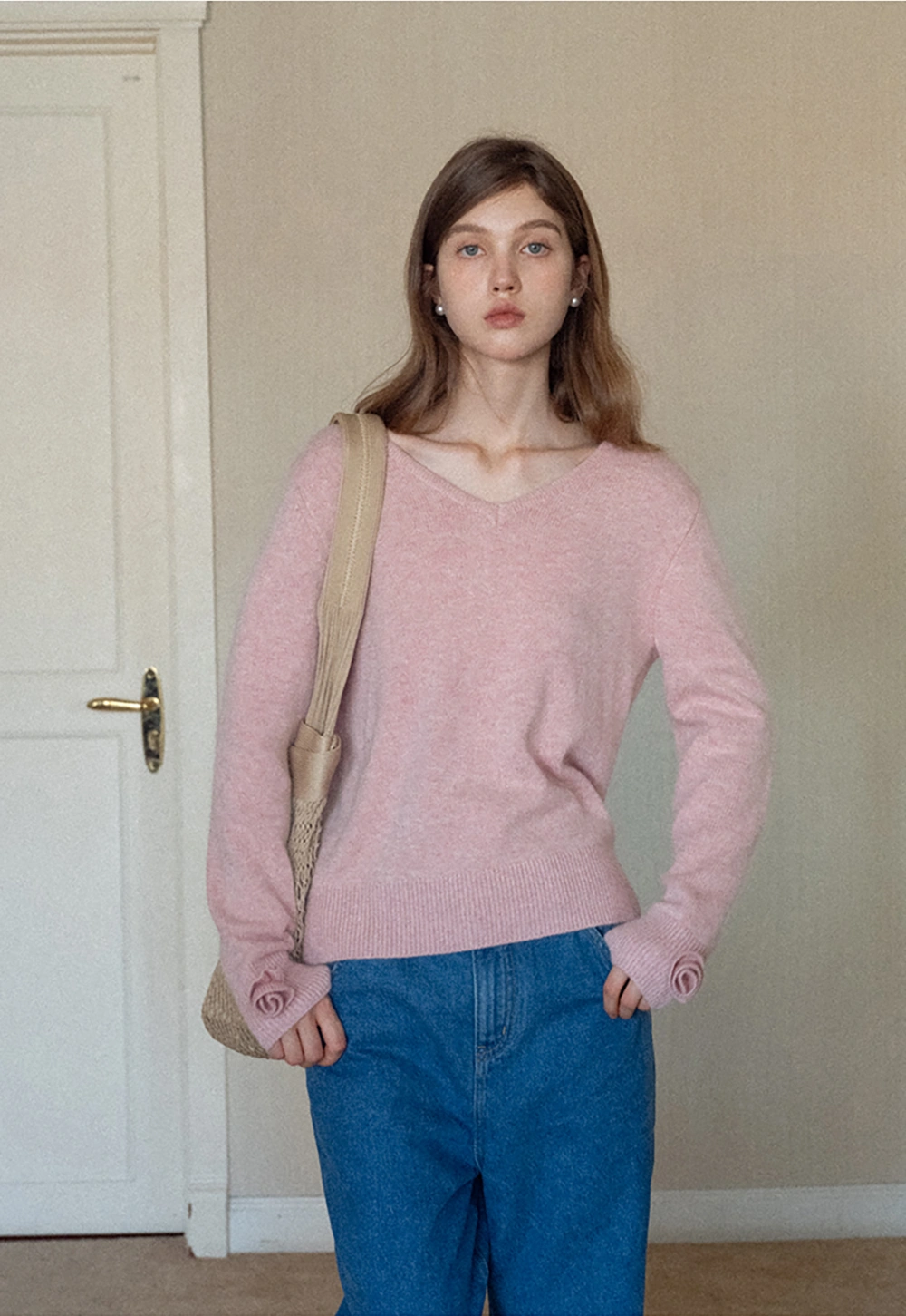 Women V-Neck Knit Sweater with Bow Cuff Detail