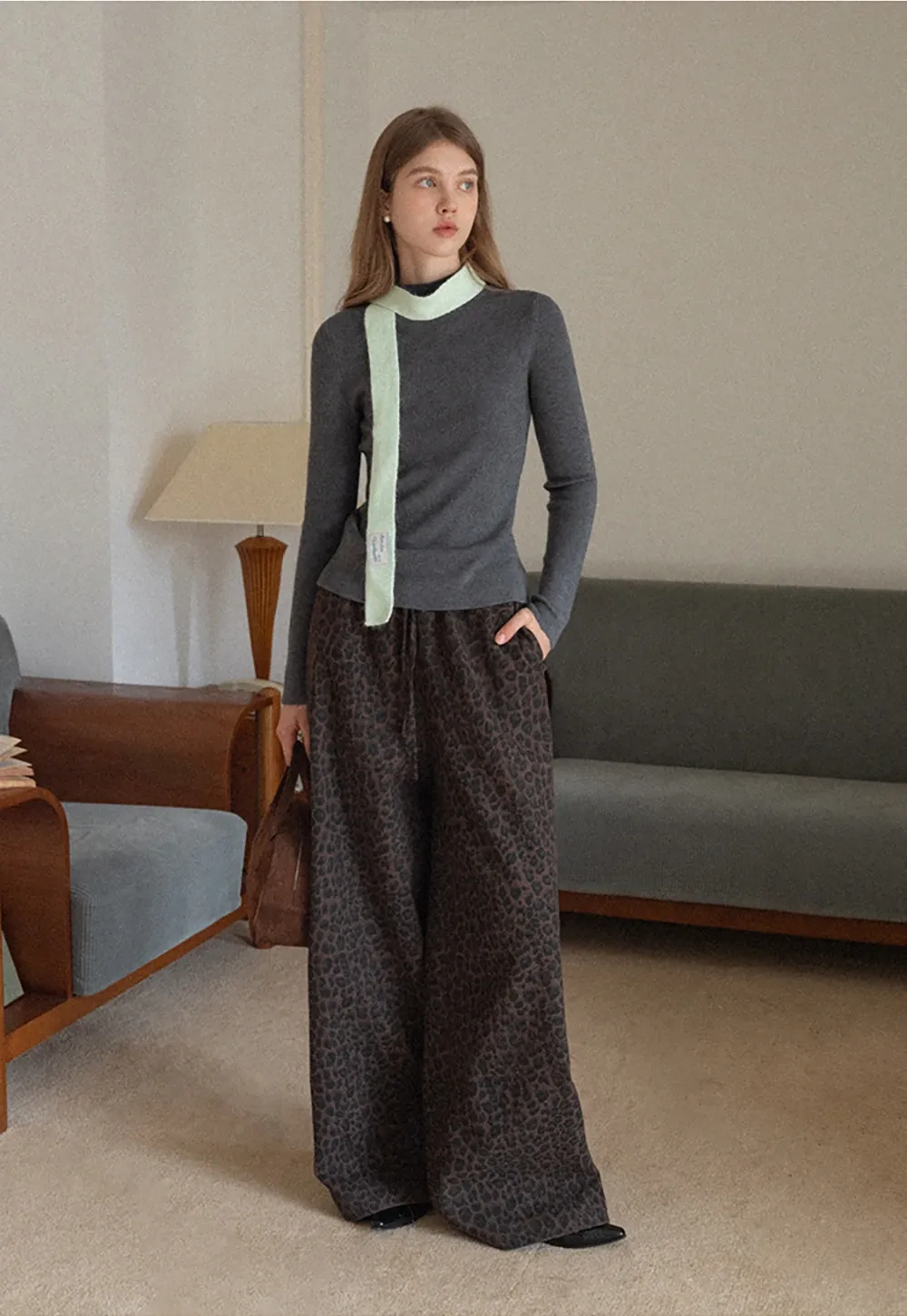 Women Leopard Print Wide-Leg Pants with Drawstring Waist