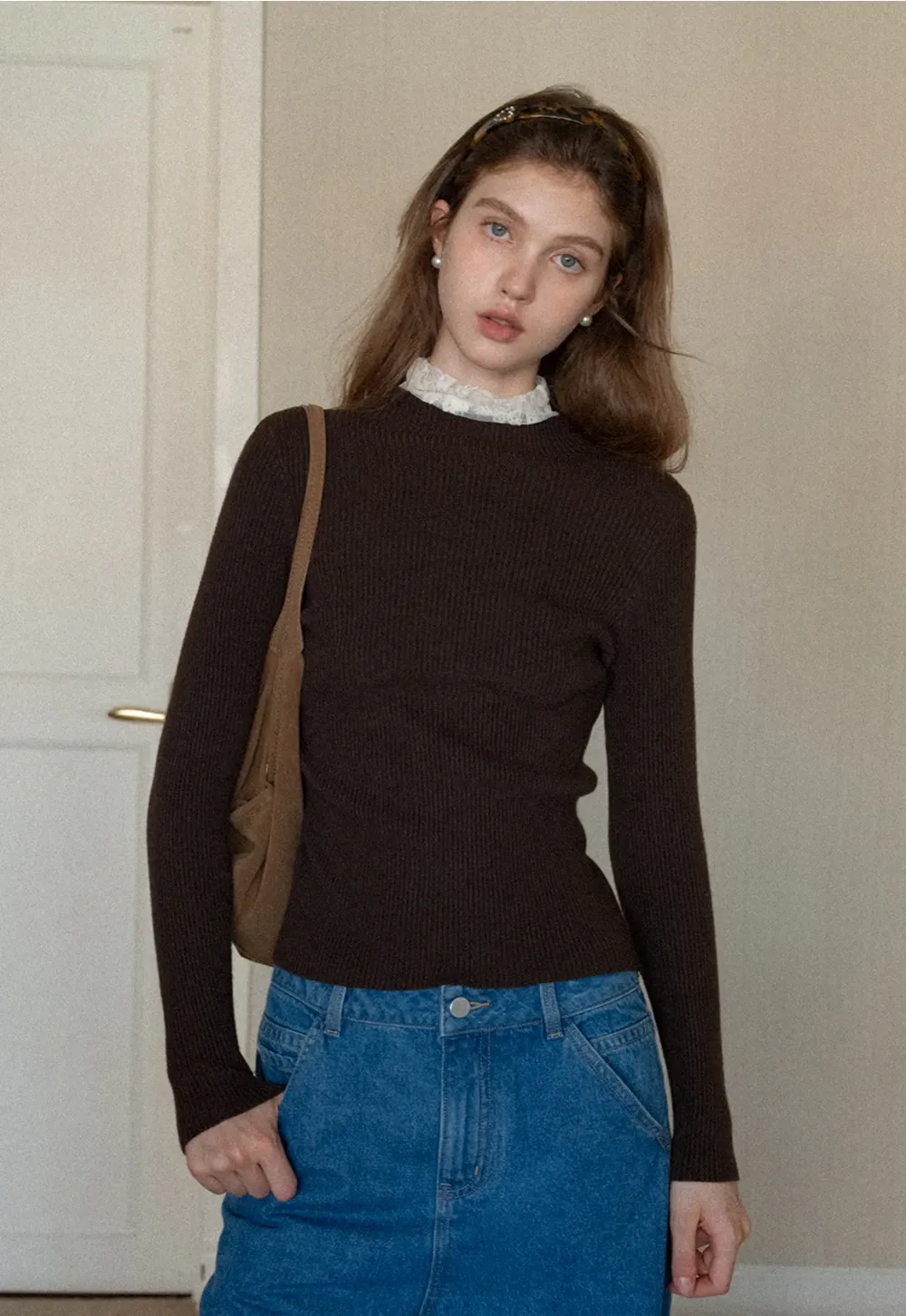 Womens Ribbed Mock Neck Top with Lace Buttons