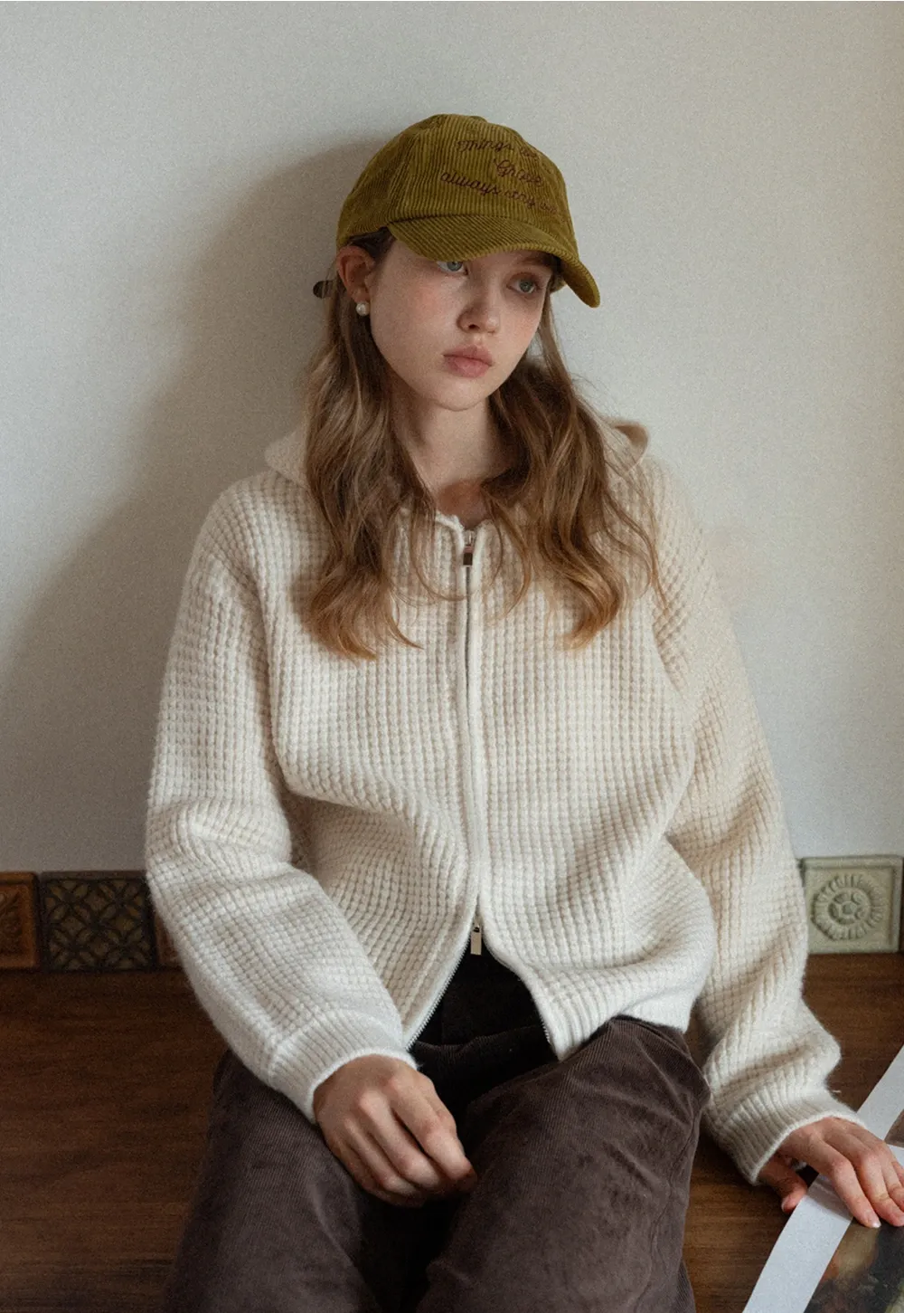 Womens Zip-up Waffle Knit Hoodie