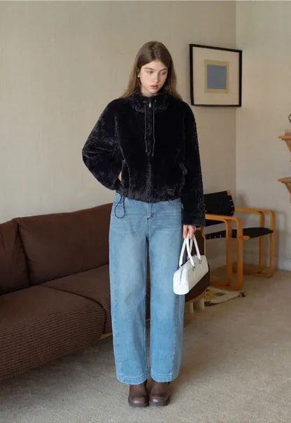 Womens Oversized Stand Collar Faux Leather and Sherpa Jacket